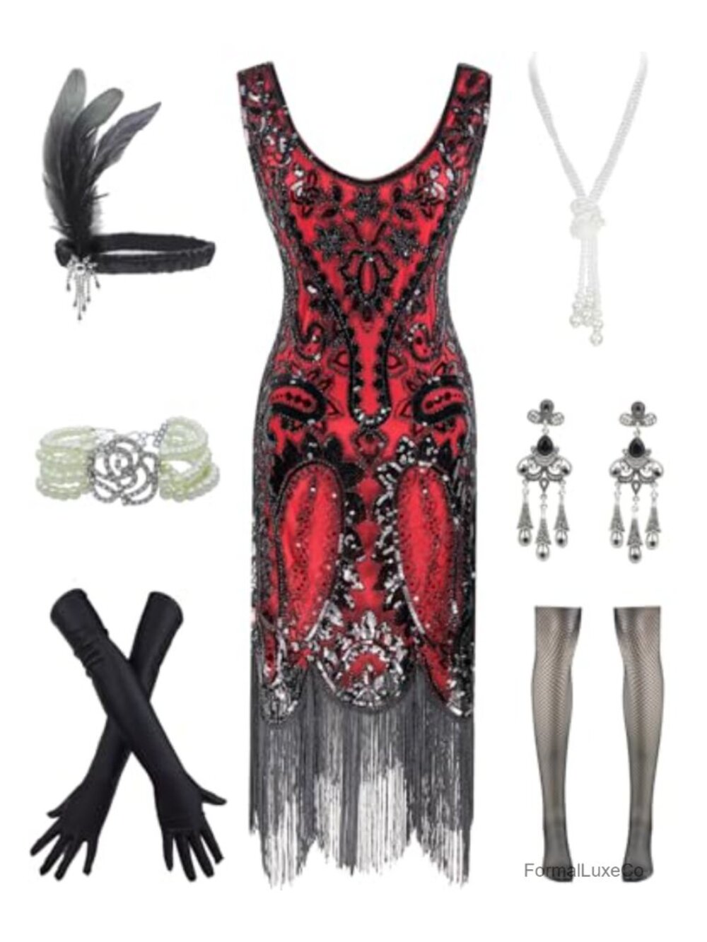 1920s Sequins Fringe Flapper Dress with Headband Accessories Set